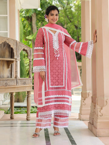 Embroidered Cotton Kurta With Pants & Dupatta