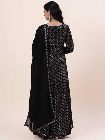 Sequin Embroidered Georgette Kurta With Palazzo & Dupatta