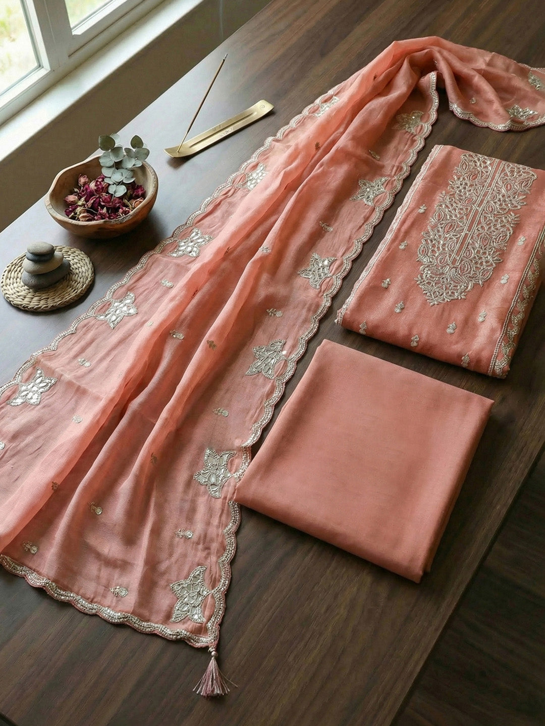 Embroidered Tissue Unstitched Suit With Pant &amp; Dupatta