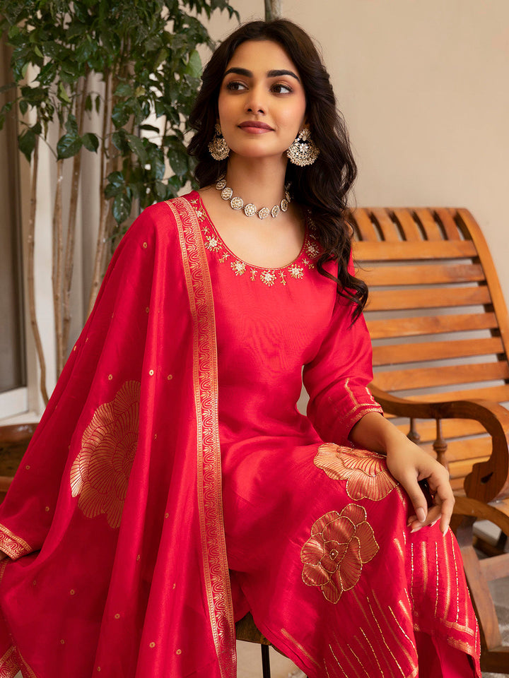 Woven Design Silk Kurta With Pant &amp; Dupatta