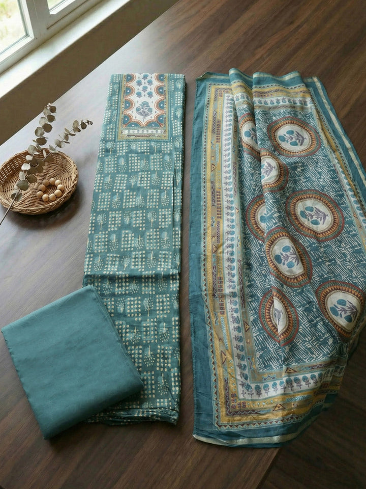 Embroidered Cotton Blend Unstitched Suit With Pant &amp; Dupatta