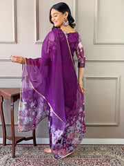 Floral Printed Organza Kurta With Pants & Dupatta