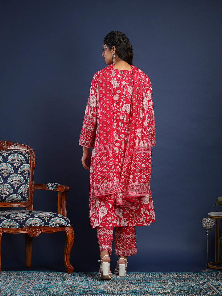 Hot Pink Cotton Blend Printed A Line Suit Set