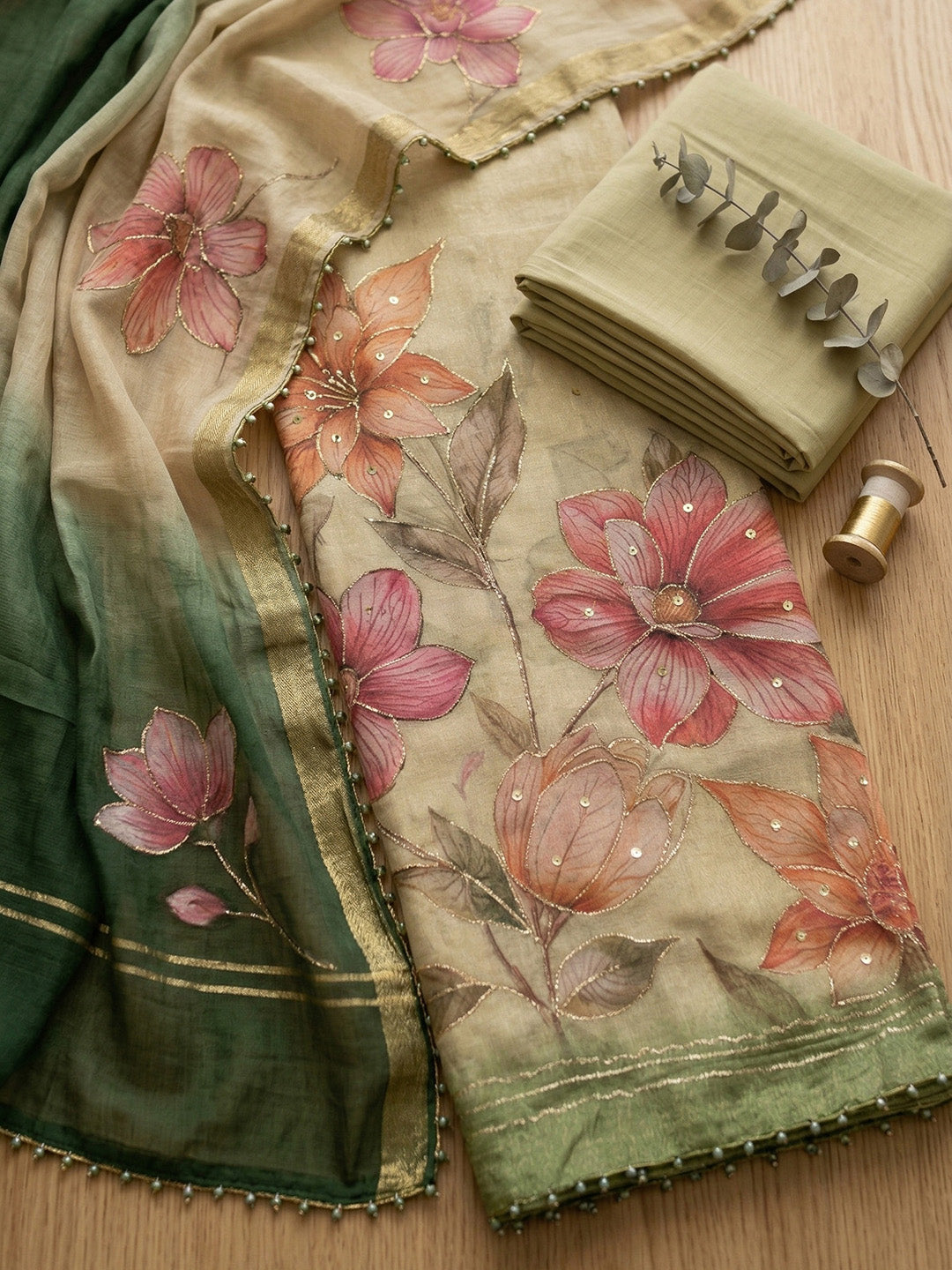 Embroidered Linen Blend Unstitched Suit With Pant &amp; Dupatta