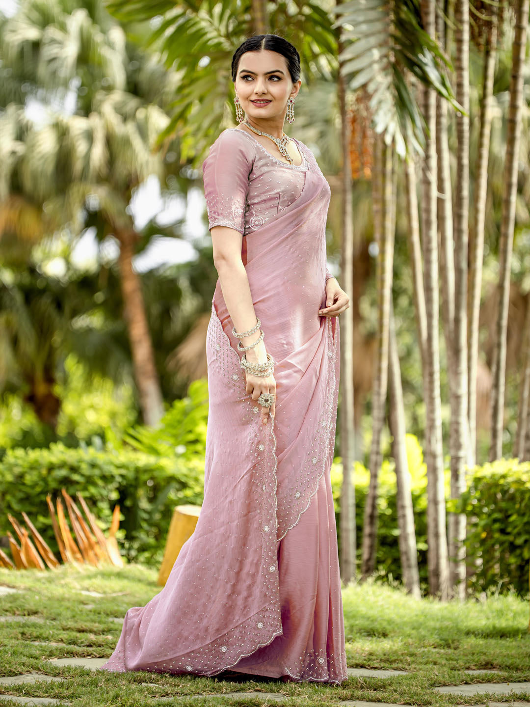 Cutdana Embroidered Chinon Saree