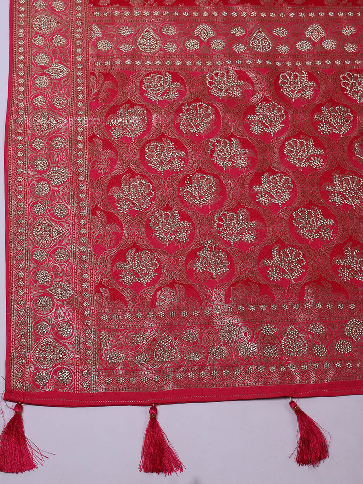 Stone Work Satin Embroidery Saree