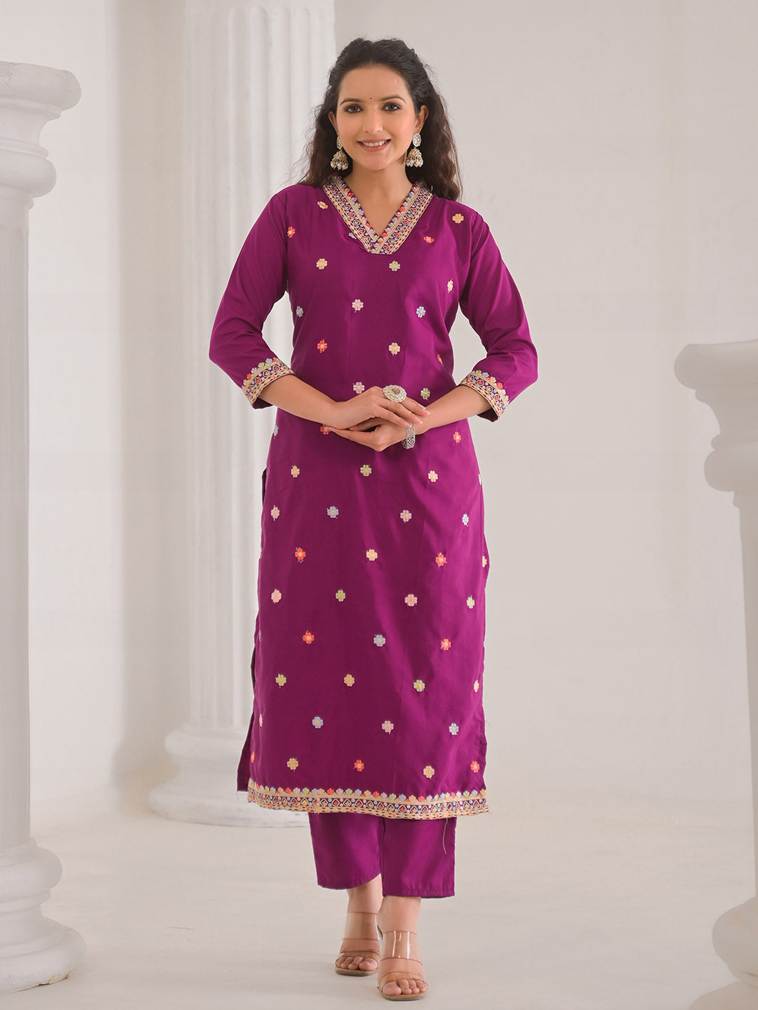 Neck Embroidery Cotton Blend Kurta With Pants &amp; Dupatta