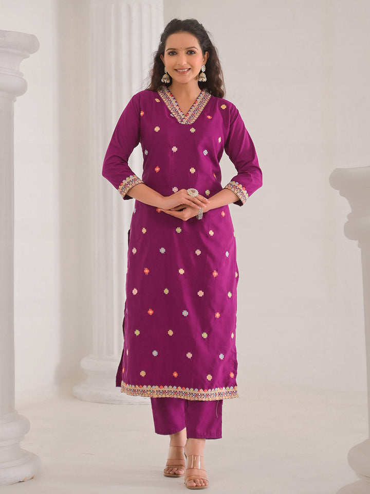 Neck Embroidery Cotton Blend Kurta With Pants &amp; Dupatta