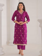 Neck Embroidery Cotton Blend Kurta With Pants & Dupatta