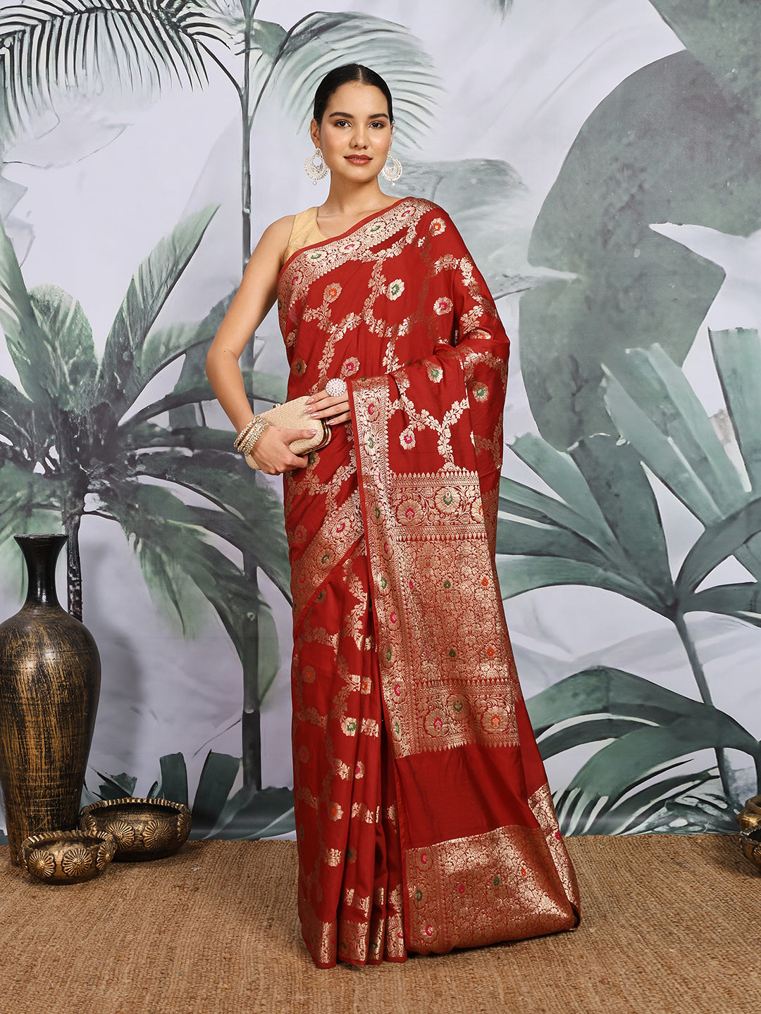 Zari Border Booti Cotton Blend Woven Saree