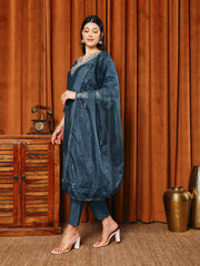 Embroidered Cotton Blend Kurta With Pants & Dupatta