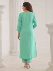 Neck Embroidery Cotton Blend Kurta With Pants & Dupatta