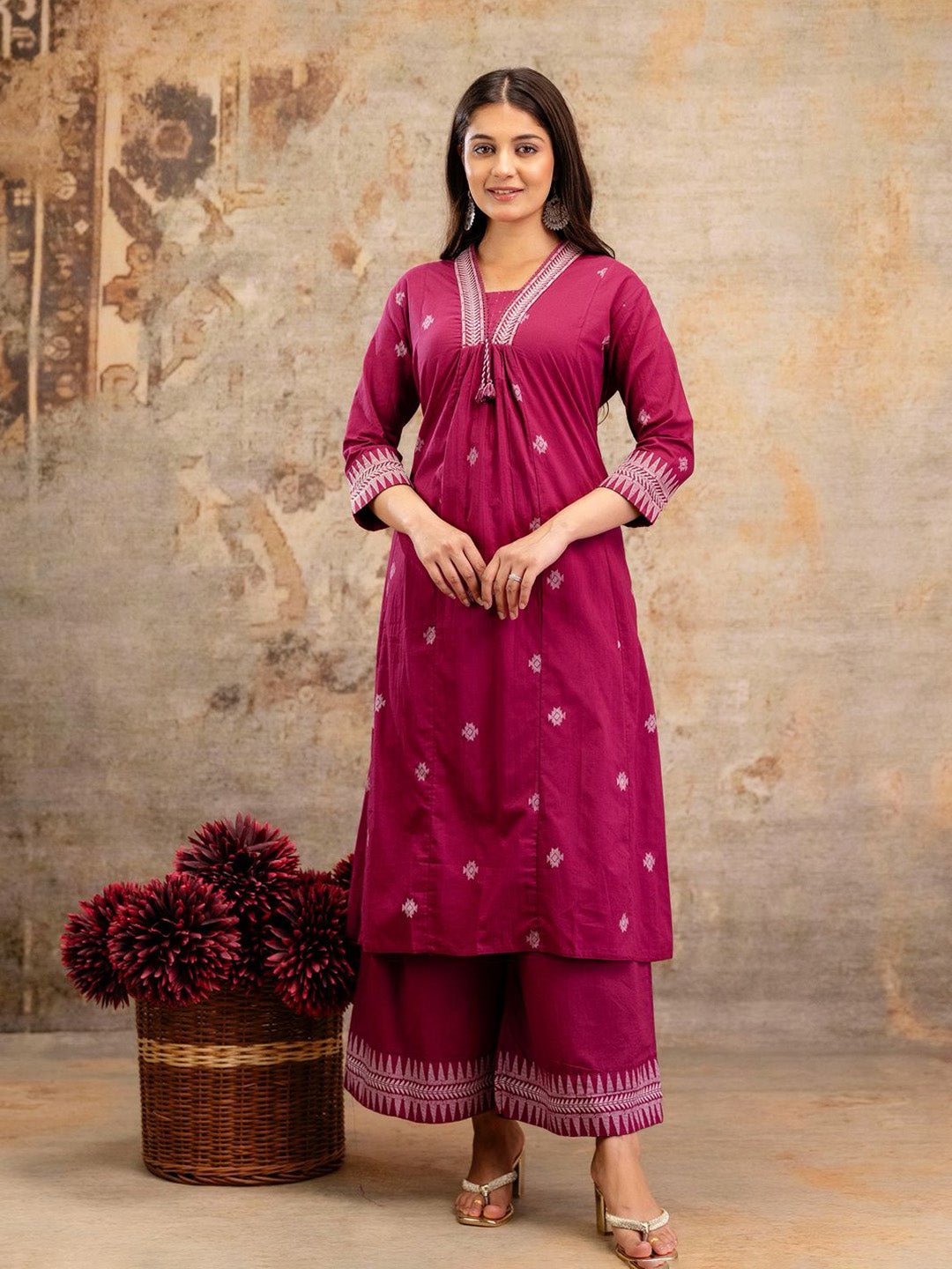 Wine Cotton Blend Printed Straight Suit Set