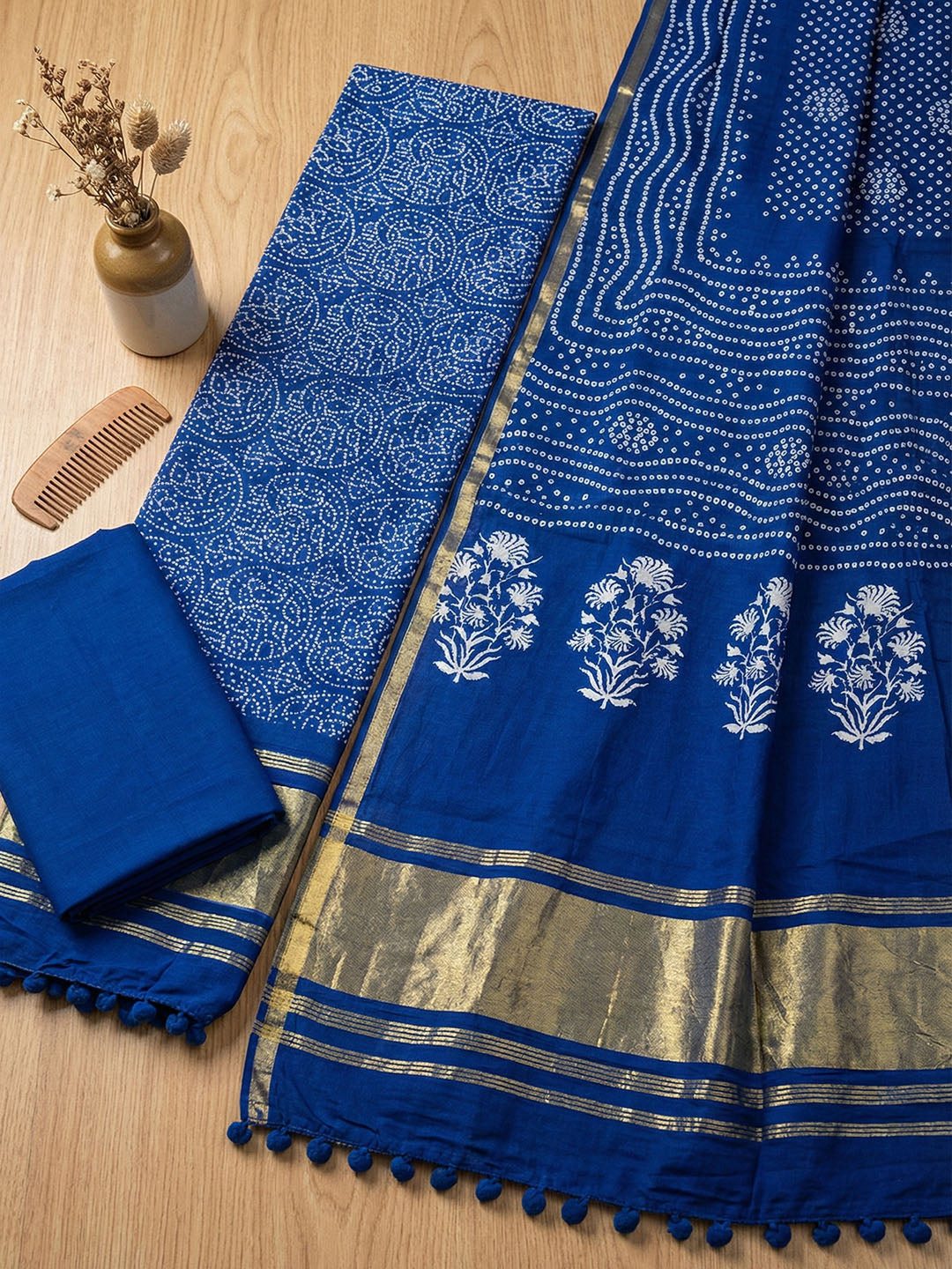 Printed Cotton Blend Unstitched Suit With Pant &amp; Dupatta