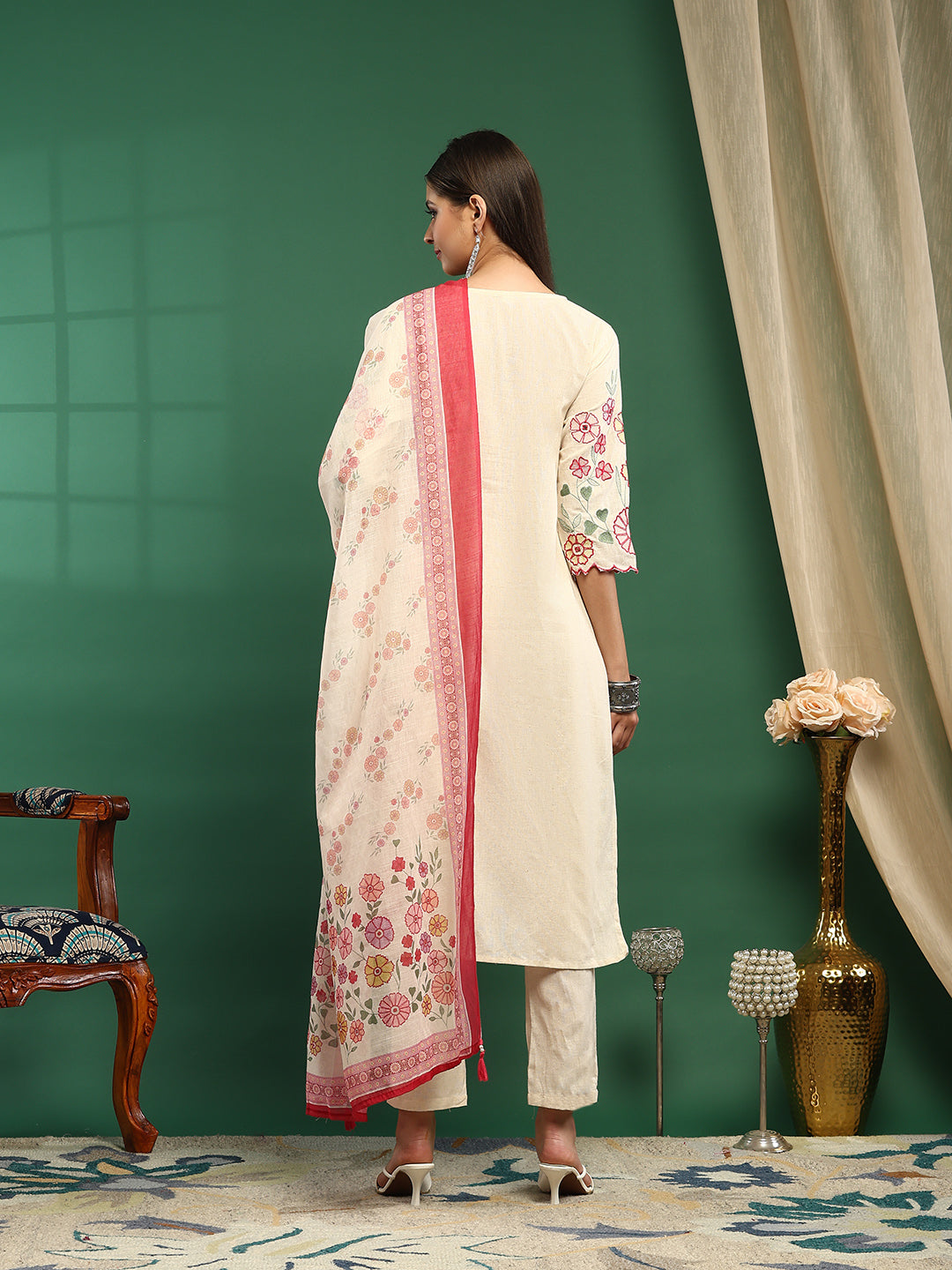 Embroidered Cotton Blend Kurta With Pant &amp; Dupatta