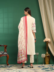 Embroidered Cotton Blend Kurta With Pant & Dupatta