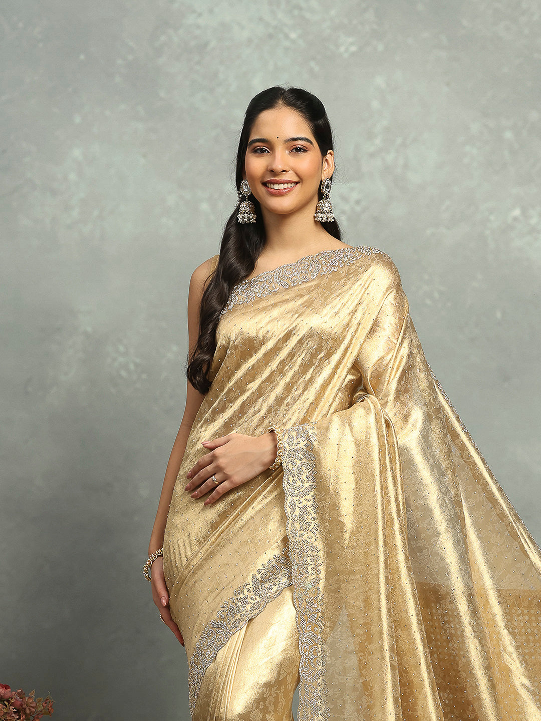 Stone Embellished Tissue Gold Saree