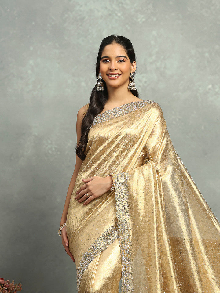 Stone Embellished Tissue Gold Saree