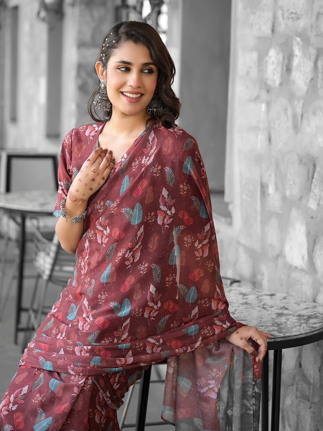 Printed Georgette Readymade Saree With Stitched Blouse