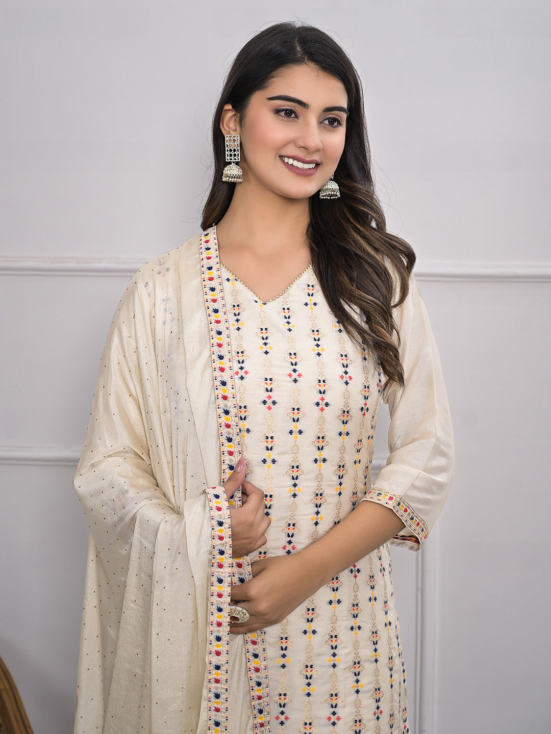 Embroidered Chanderi Kurta With Pants &amp; Dupatta