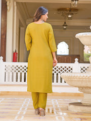 Neck Embroidery Cotton Blend Kurta With Pants & Dupatta