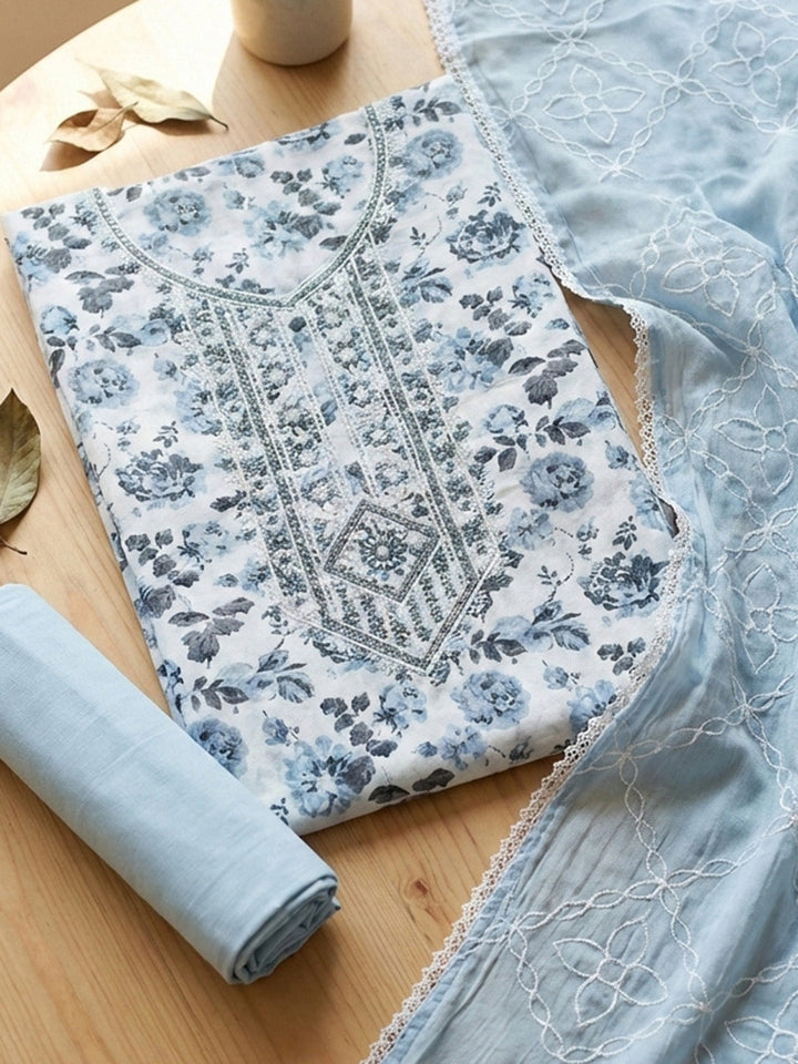Printed Cotton Blend Unstitched Suit With Pant &amp; Dupatta