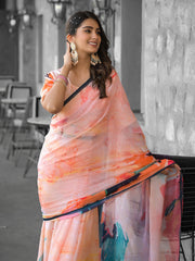 Printed Georgette Readymade Saree With Stitched Blouse