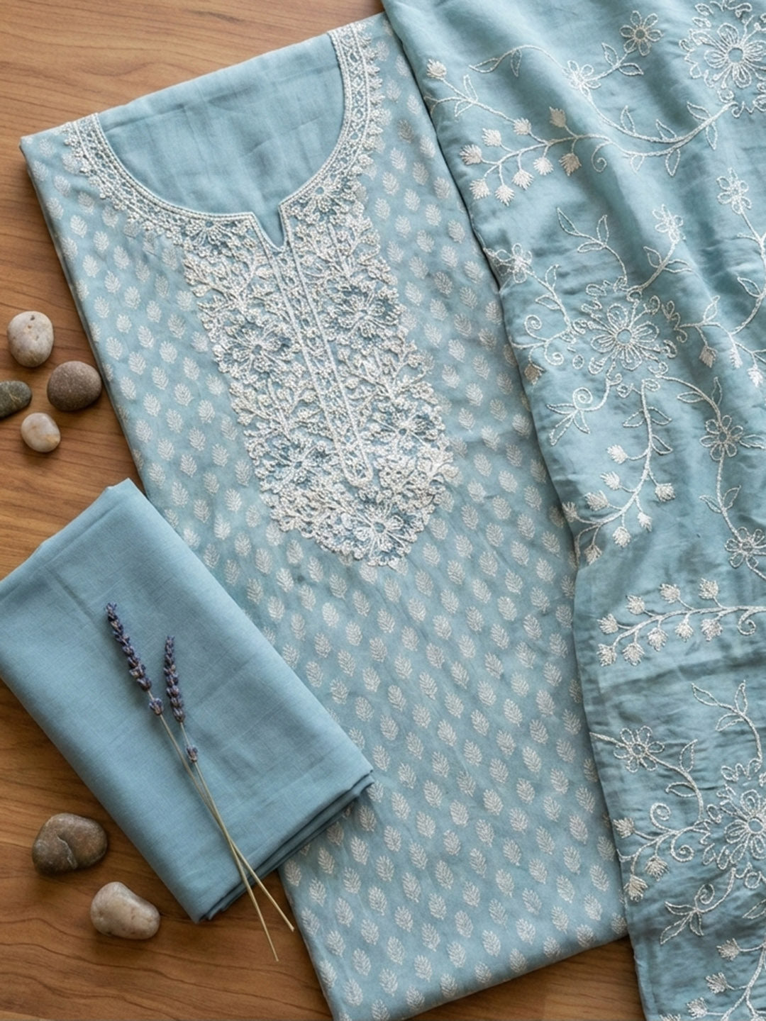 Printed Cotton Blend Unstitched Suit With Pant &amp; Dupatta
