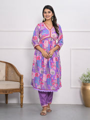 Digital Printed Cotton Blend Kurta With Pants & Dupatta