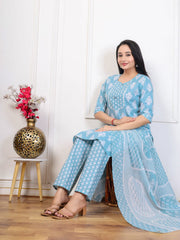 Embroidered Cotton Blend Kurta With Pant & Dupatta