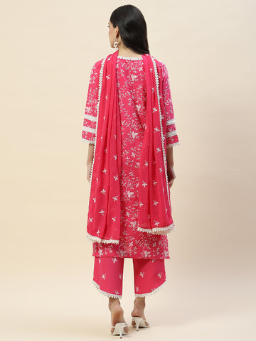 Printed & Embroidered Cotton Suit Set With Dupatta