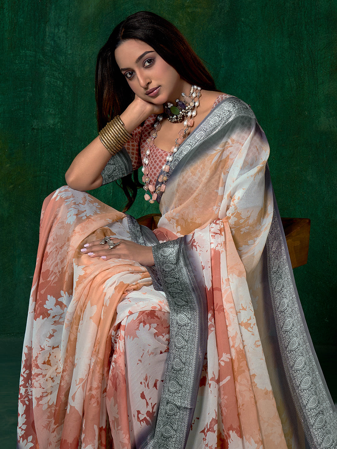 Ombre Floral Printed Georgette Saree