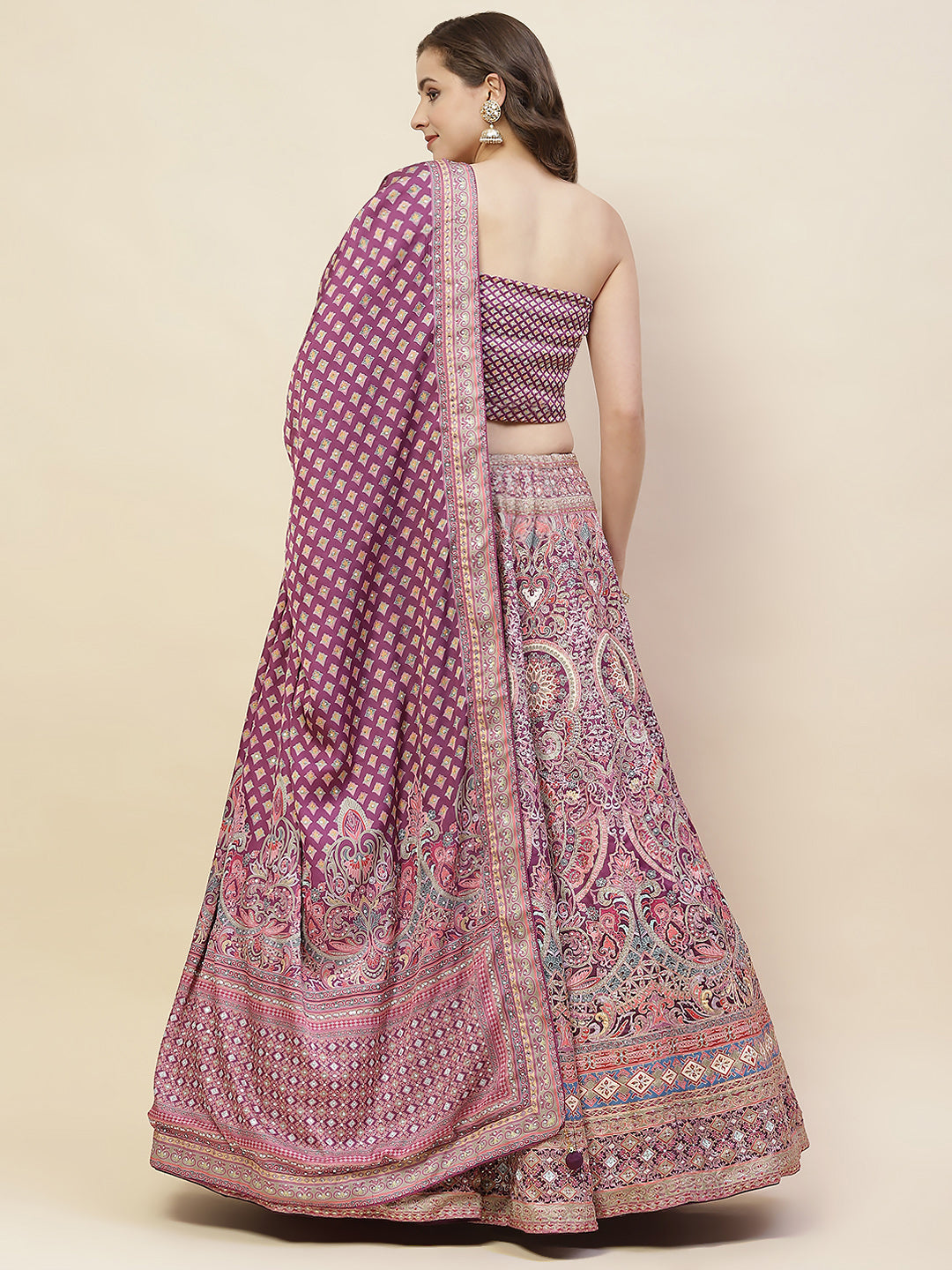 Printed & Thread Embroidered Choli With Unstitched Lehenga & Dupatta