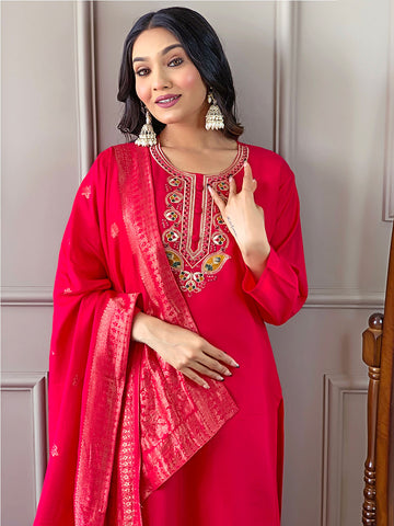 Resham Embroidered Handloom  Kurta With Pant & Dupatta