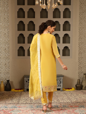 Woven Embroidery Tissue Kurta With Pants & Dupatta