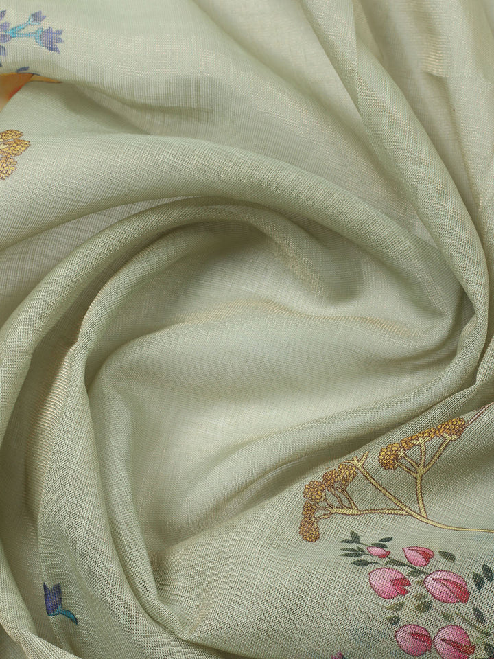 Printed Linen Blend Unstitched Suit With Pant &amp; Dupatta
