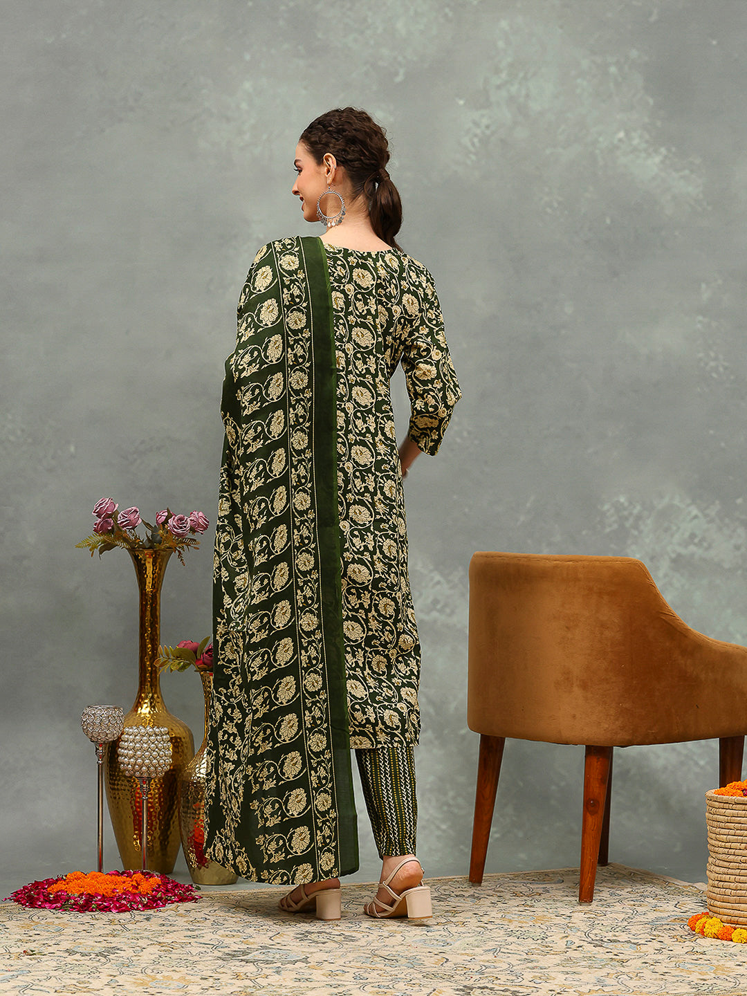 Printed Cotton Blend Kurta With Pants & Dupatta