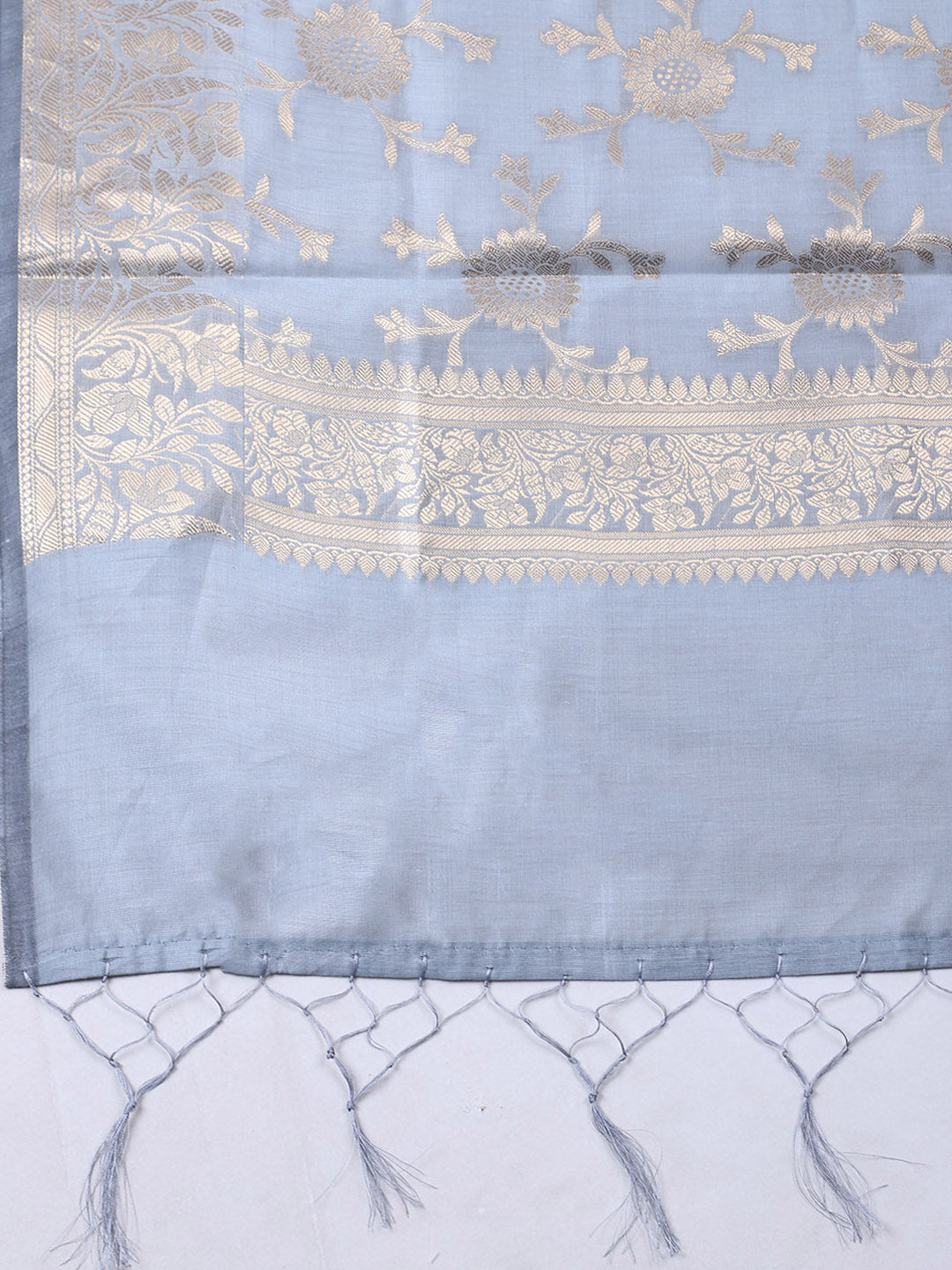 Grey Blue Woven Design Chanderi Unstitched Dress Material