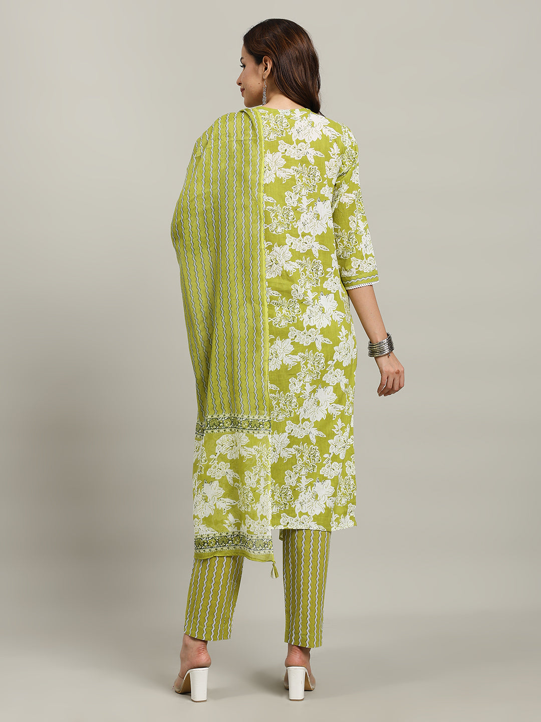 Floral Printed Cotton Blend Kurta With Pants & Dupatta