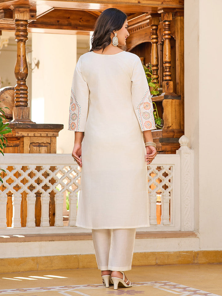 Neck Embroidery Cotton Blend Kurta With Pants &amp; Dupatta
