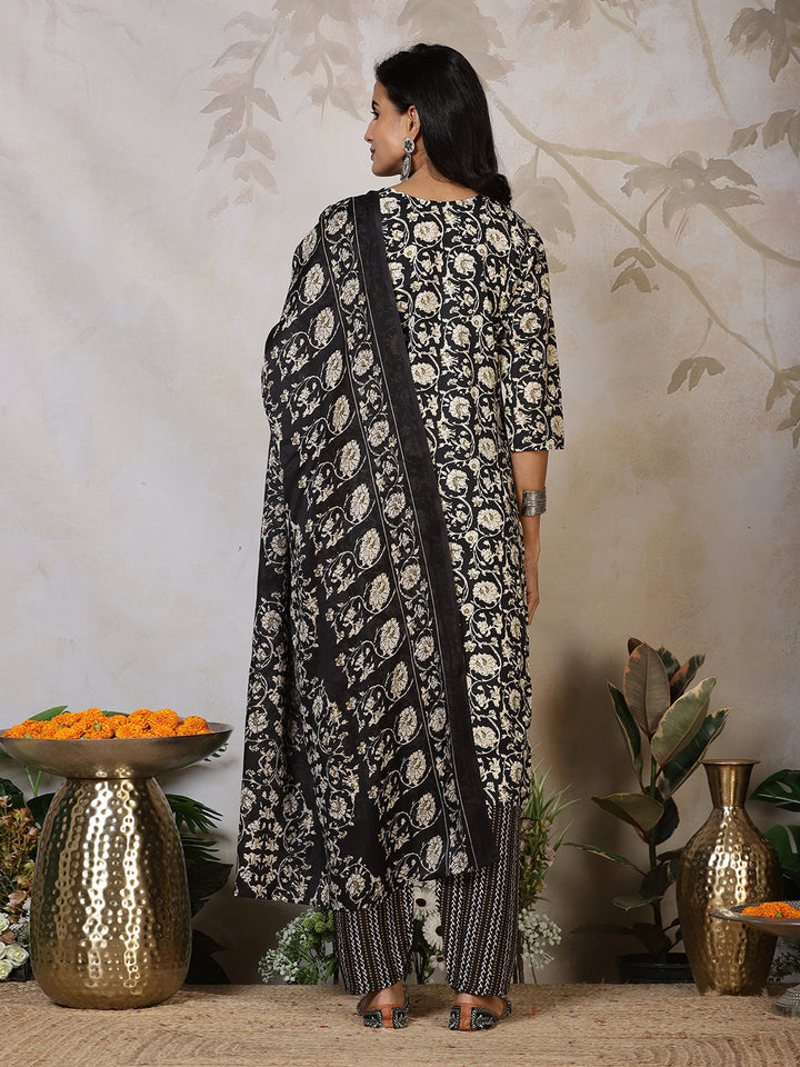 Printed Cotton Blend Kurta With Pants &amp; Dupatta