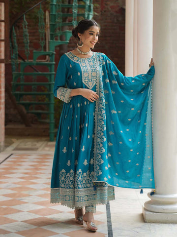 Resham Embroidery Cotton Blend Kurta With Pants & Dupatta