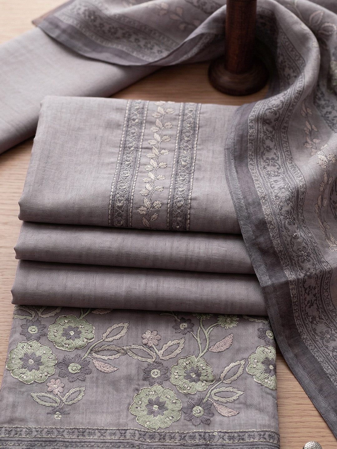 Embroidered Linen Blend Unstitched Suit With Pant &amp; Dupatta