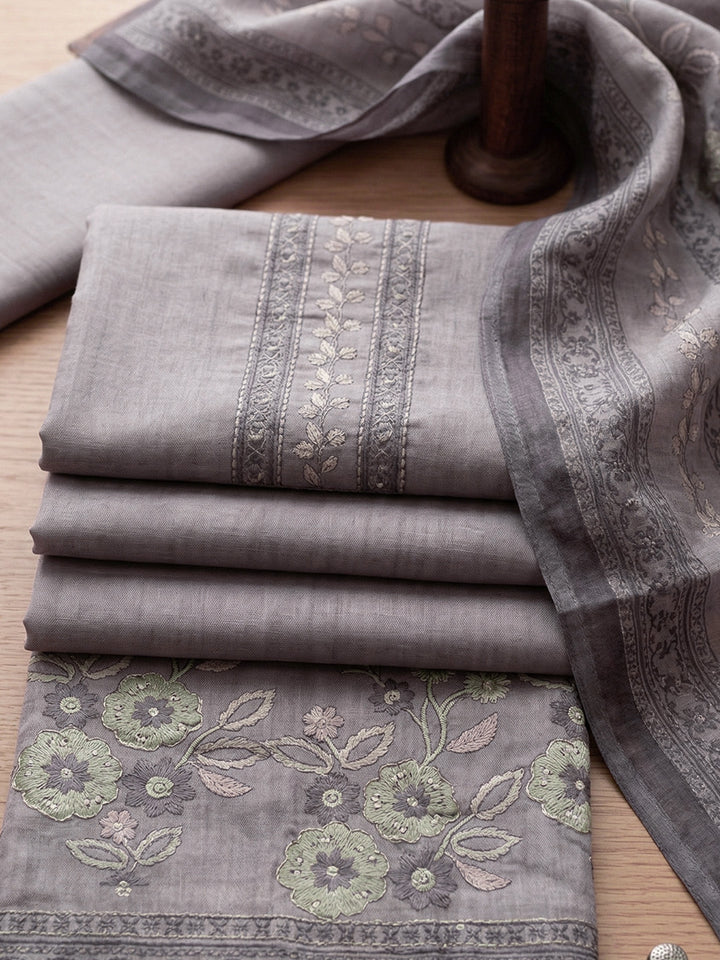Embroidered Linen Blend Unstitched Suit With Pant &amp; Dupatta