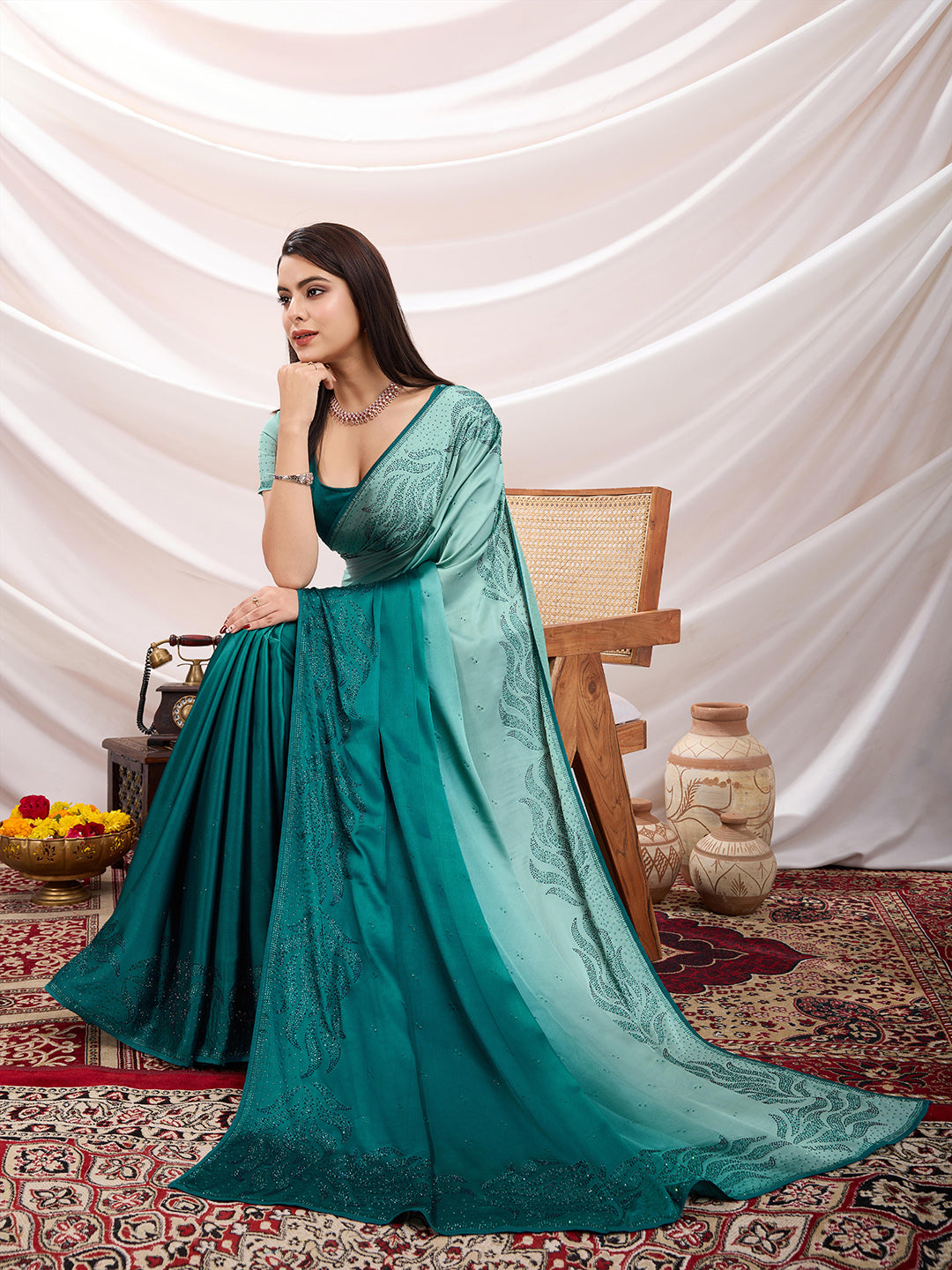 Embroidered Satin Saree
