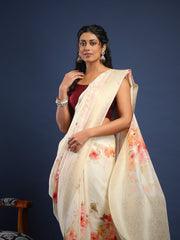 Floral Printed Tussar Unstitched Suit With Pant & Dupatta