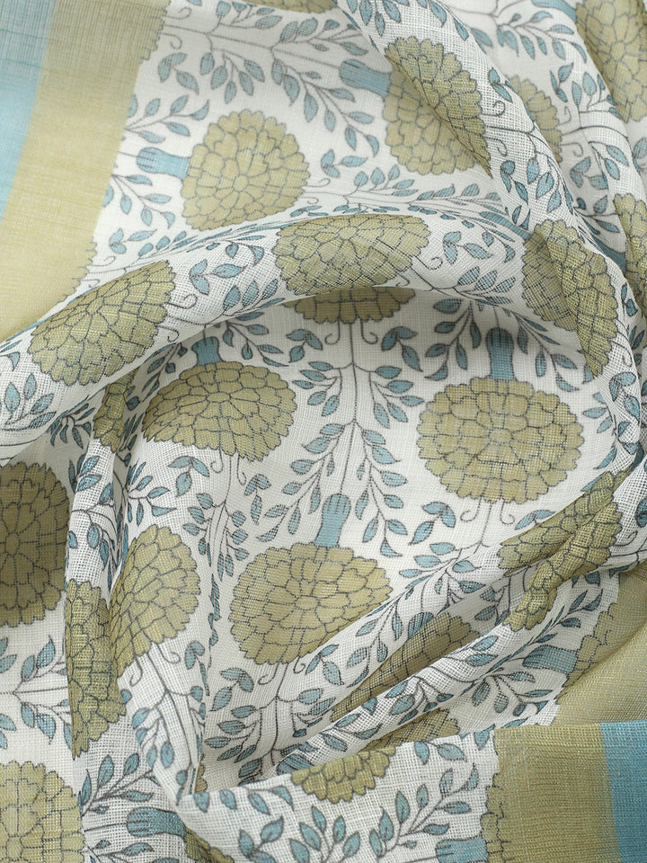 Printed Linen Blend Unstitched Suit With Pant &amp; Dupatta