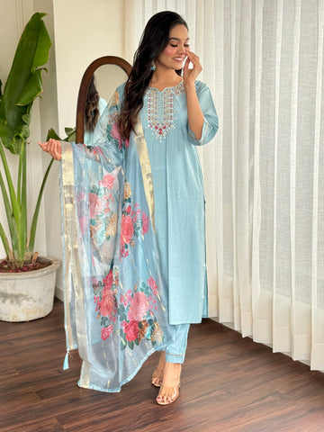 Neck Zari Embroidery Chanderi Kurta With Pants & Dupatta