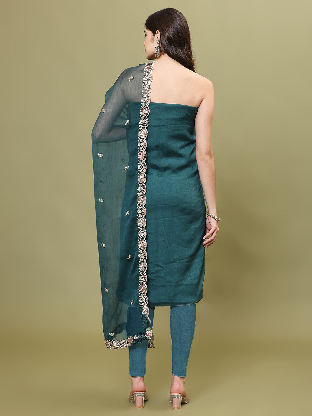 Sequins Work Chinon Unstitched Suit Piece With Dupatta