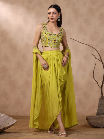 Thread Embroidered Crepe Choli With Pleated Skirt